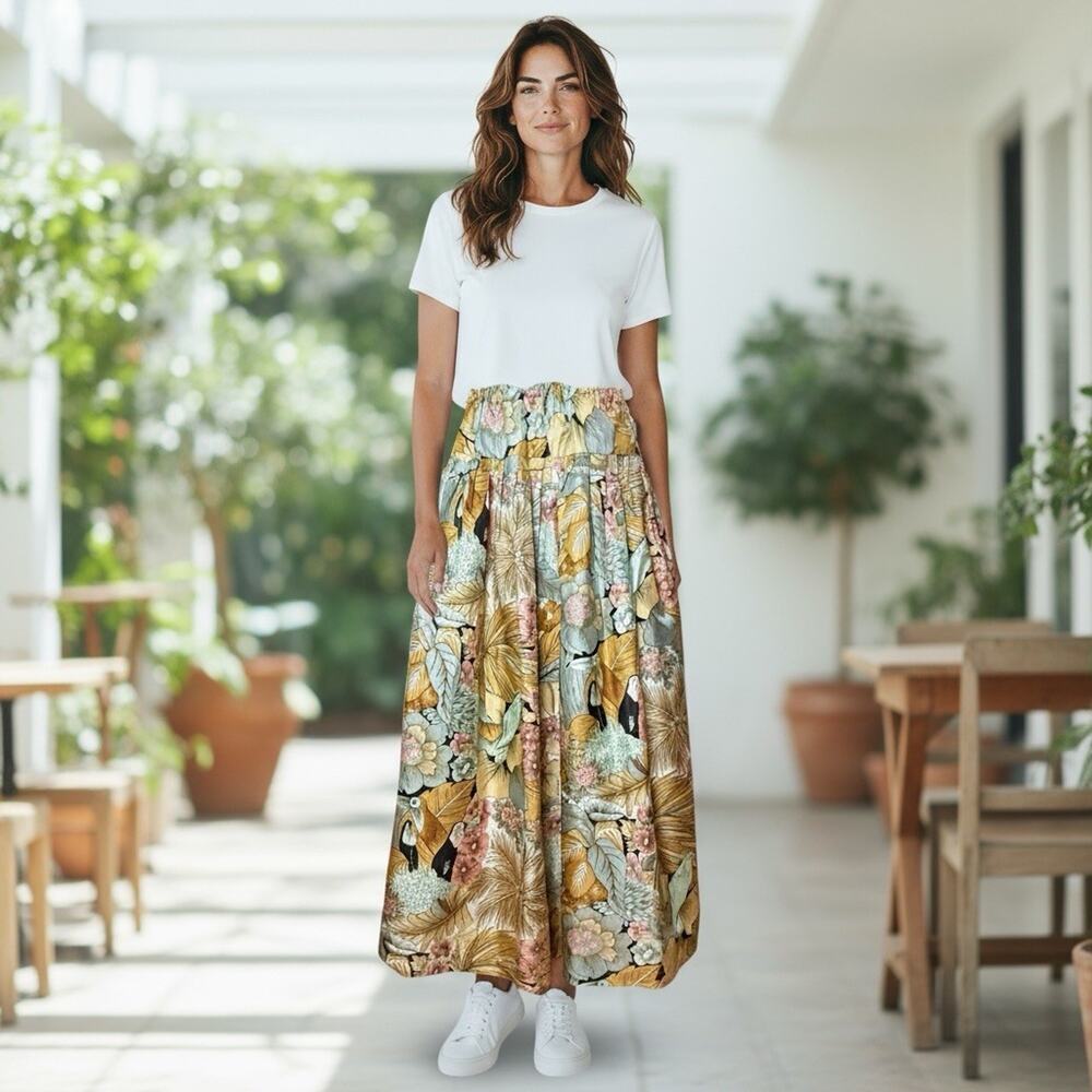 VTG Royal Silk Tropical Forest Toucan Birds Pastel Drawstring Maxi Skirt Medium